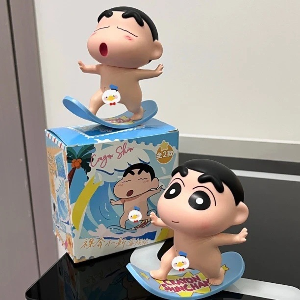 Crayon Shin-chan Surfing Action Figure – Funny Beach Style Shinnosuke Nohara Statue, Cute Anime Collectible Figurine with Display Box