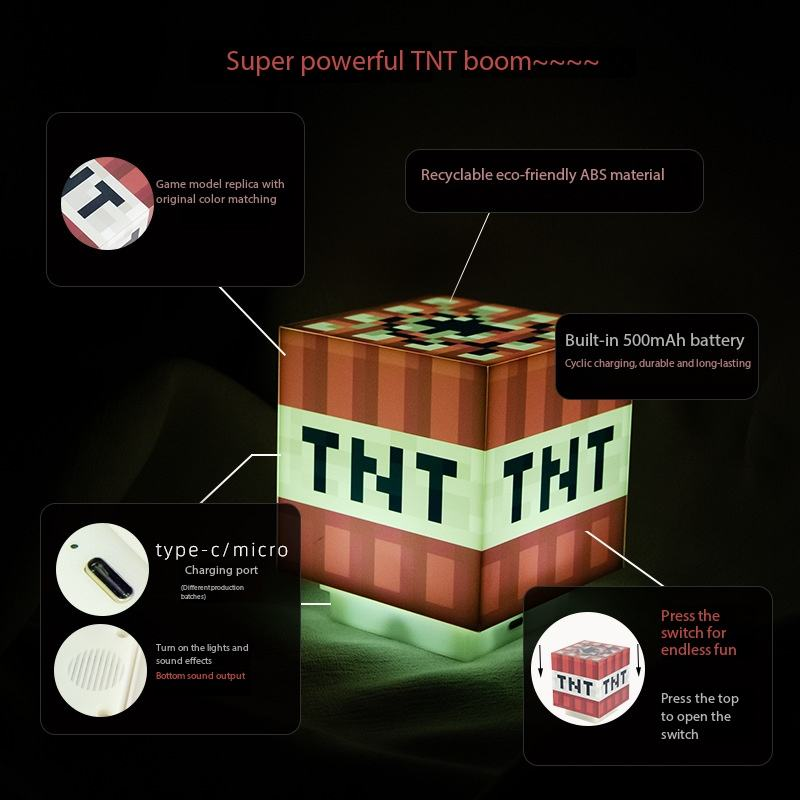 Minecraft TNT Block 3D LED Night Light with Sound Effects – Interactive Push Control Pixelated Cube Desk Lamp,  Gamer Room Decor & Geek Collectible
