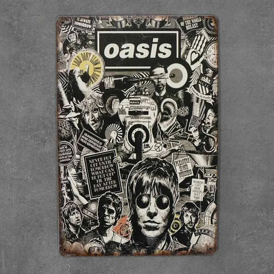 Oasis Rock Band Metal Poster – Premium Retro Monochrome Collage Vintage Tin Sign Wall Art