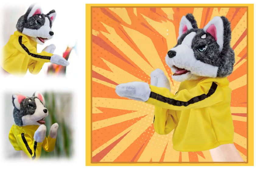 Husky Dog Hand Puppet in Yellow Hoodie – Interactive Plush Storytelling Toy | Geekzilla