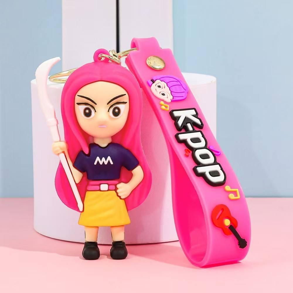 K-Pop Inspired 3D Chibi Figure Keychains with Matching Wrist Strap – Cute Anime Style Music Mascot Bag Charm