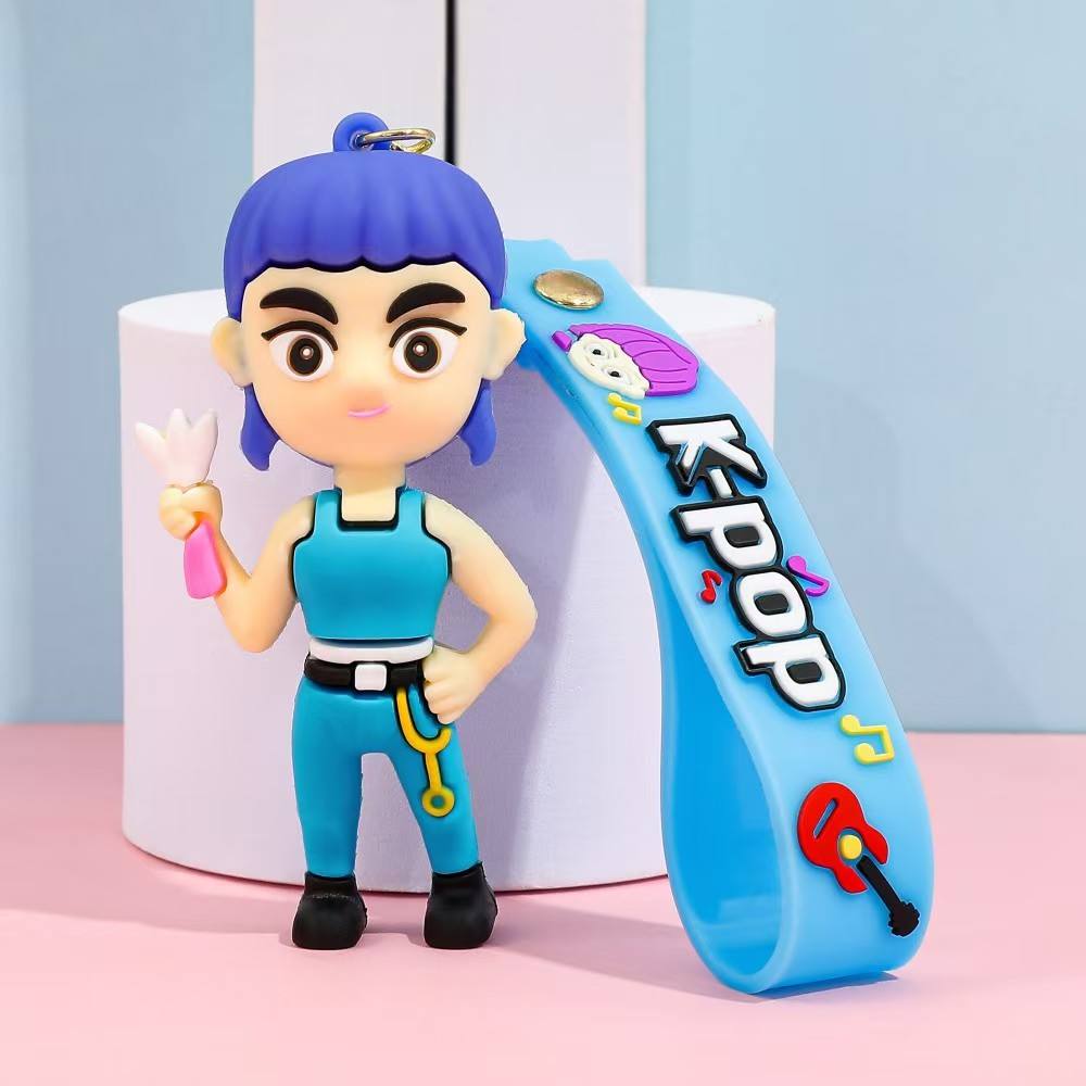 K-Pop Inspired 3D Chibi Figure Keychains with Matching Wrist Strap – Cute Anime Style Music Mascot Bag Charm