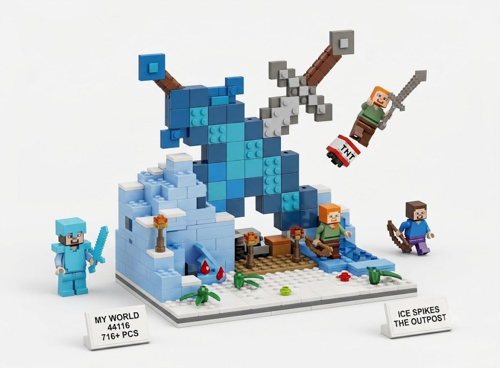 My World Frozen Biome 716+ PCS Building Block Set – Ice Mountain & Pixel Sword Construction Toy | Geekzilla
