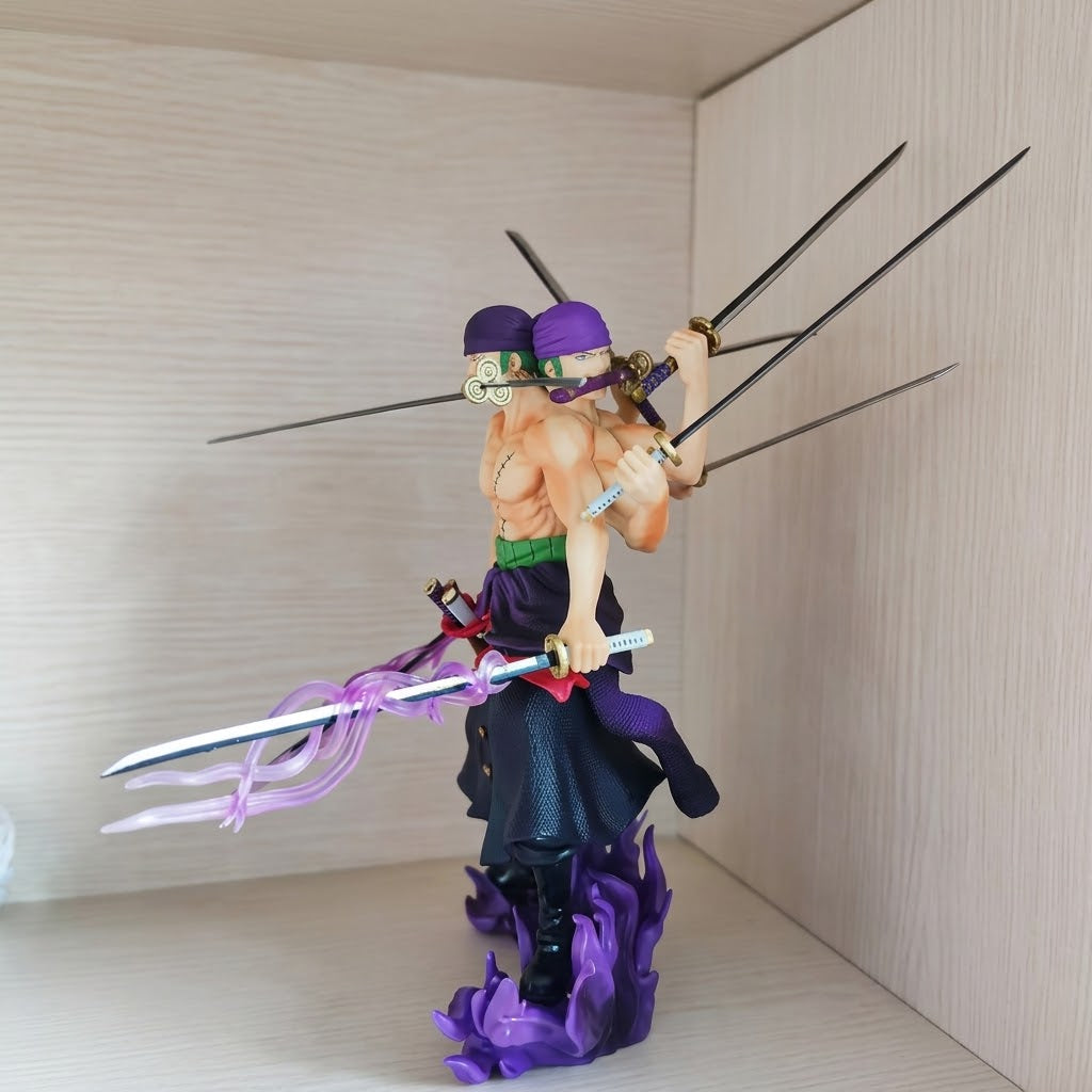 One Piece Roronoa Zoro Asura 3-Head Nine-Sword Style Anime Action Figure - PVC Statue with Purple Effect Base