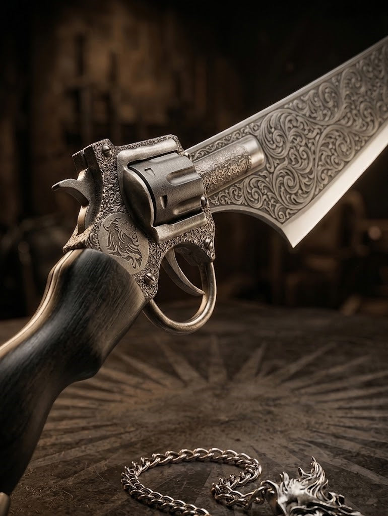 Steampunk Revolver Gun Blade Knife – Premium Engraved Fantasy Hybrid Saber with Wooden Pistol Grip