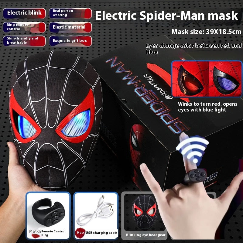 SPIDER MAN MILES MORALE BLACK COSPLAY HEAD MASK - 1:1 SCALE (LIFE-SIZE) WITH MOVING EYES - ELECTRONIC AND MANUAL VARIANT