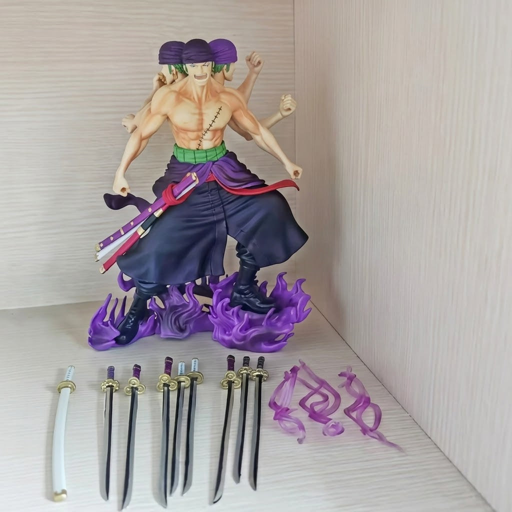 One Piece Roronoa Zoro Asura 3-Head Nine-Sword Style Anime Action Figure - PVC Statue with Purple Effect Base