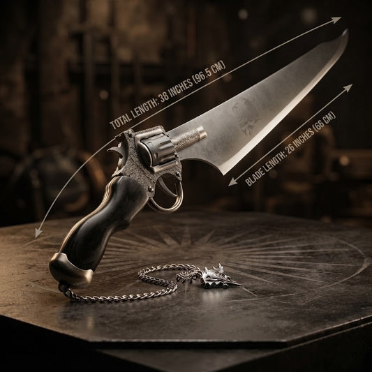 Steampunk Revolver Gun Blade Knife – Premium Engraved Fantasy Hybrid Saber with Wooden Pistol Grip