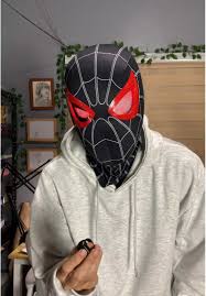 SPIDER MAN MILES MORALE BLACK COSPLAY HEAD MASK - 1:1 SCALE (LIFE-SIZE) WITH MOVING EYES - ELECTRONIC AND MANUAL VARIANT