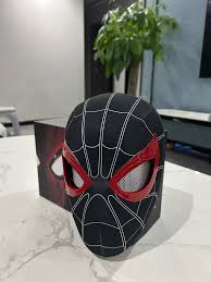 SPIDER MAN MILES MORALE BLACK COSPLAY HEAD MASK - 1:1 SCALE (LIFE-SIZE) WITH MOVING EYES - ELECTRONIC AND MANUAL VARIANT