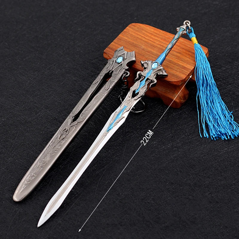 Mythic Frostguard Metallic Sword Replica – Premium 22cm Zinc Alloy Jian Miniature with Scabbard