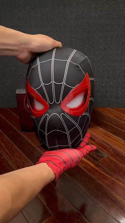 SPIDER MAN MILES MORALE BLACK COSPLAY HEAD MASK - 1:1 SCALE (LIFE-SIZE) WITH MOVING EYES - ELECTRONIC AND MANUAL VARIANT